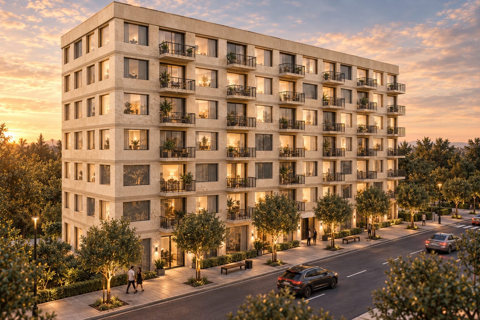 The AI enhancement: the same view as a finished architectural rendering, with real materials, people, cars and full planting, and every window and balcony in the same place.