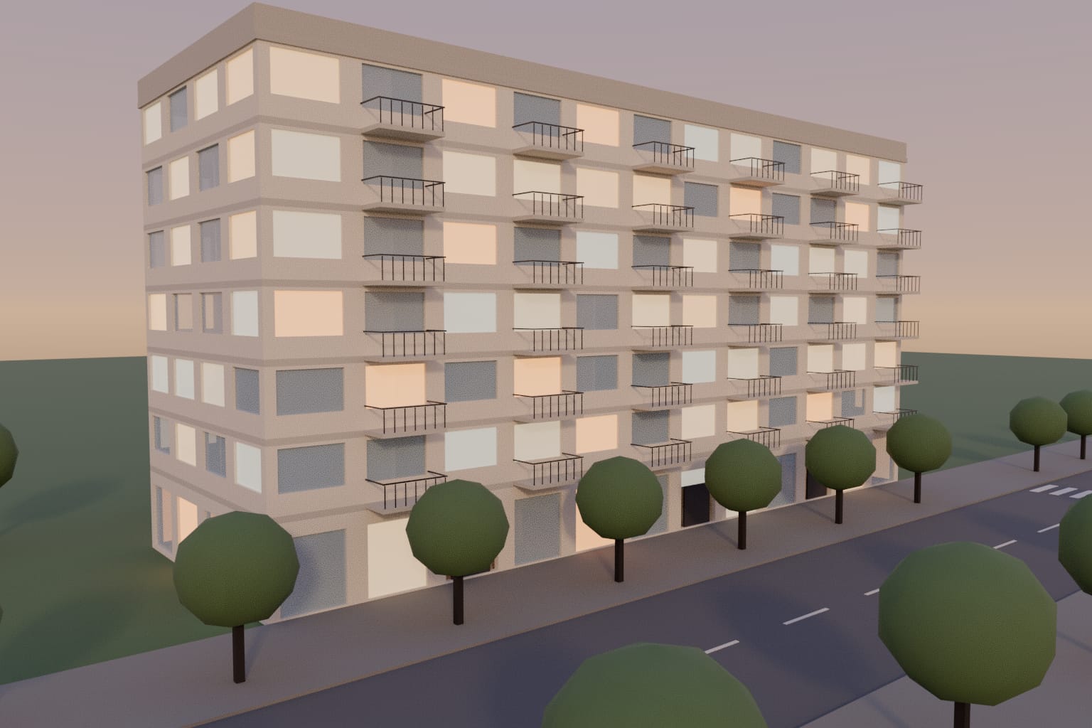 The app export: the demo building rendered by the viewer at golden hour, with plain materials, low-poly trees and an empty street.