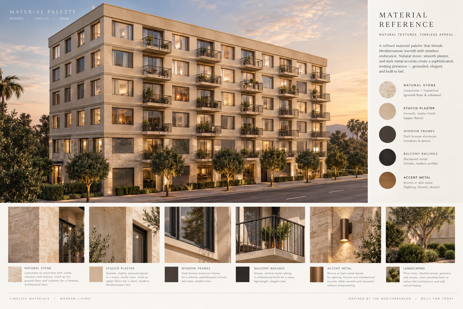 ChatGPT's material reference board for the demo building: the building in warm stone at sunset, with swatches and close-ups of natural stone, stucco plaster, dark bronze window frames, blackened balcony railings, bronze accent lights and olive-tree landscaping.