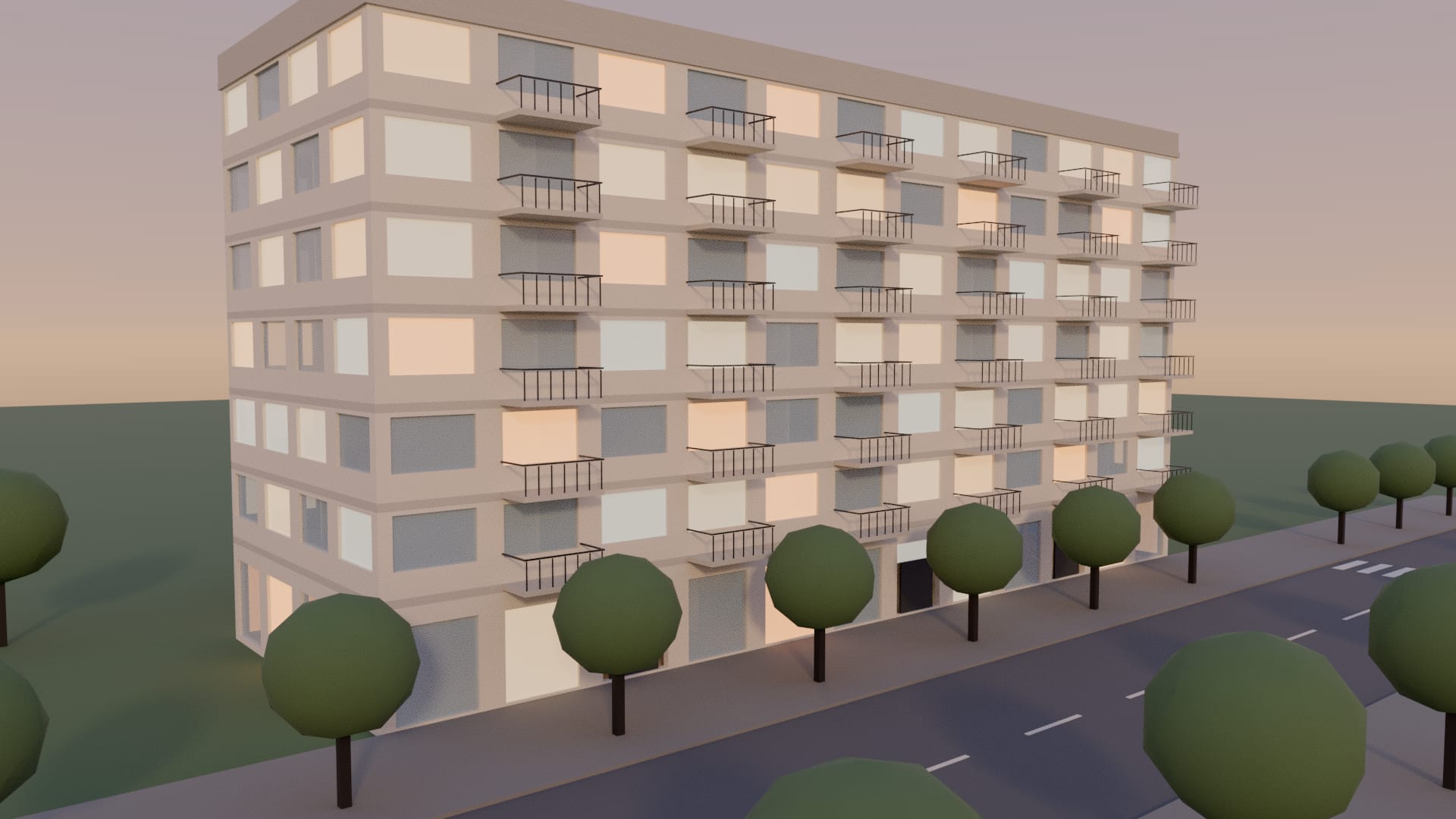 The demo building at golden hour, path traced: warm light on its limestone-colored facade and balconies, a few windows lit from inside, and street trees casting soft shadows across the sidewalk and lawn.